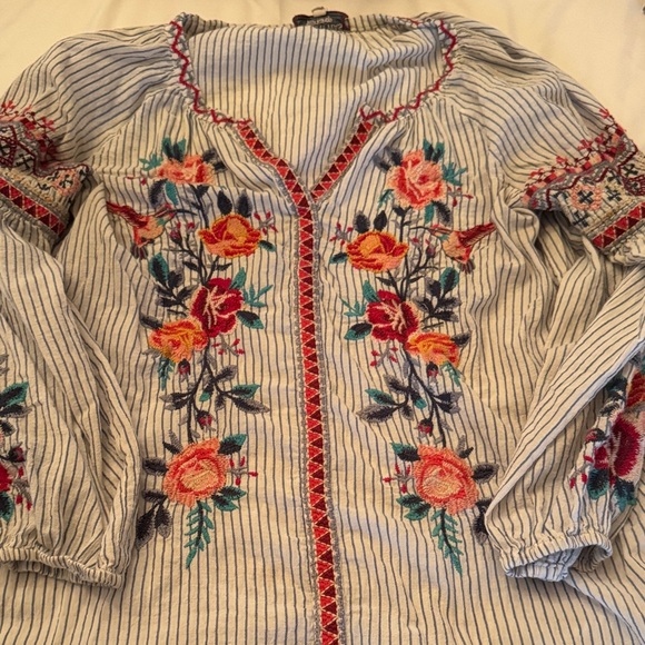 Johnny Was Tops - Johnny Was Embroidered Floral Stripe Blouse in Cream, Red, Yellow, Green, Blue